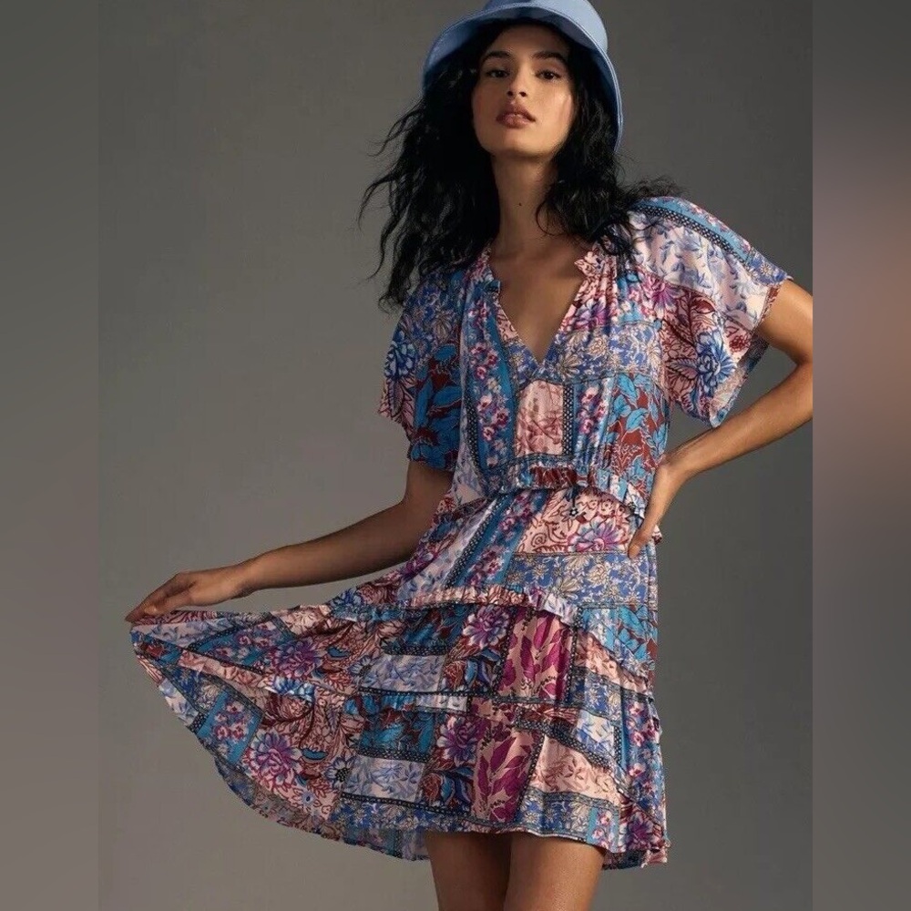 By Anthropologie Blue Pink Floral Print Robin Mini Dress Size Small
